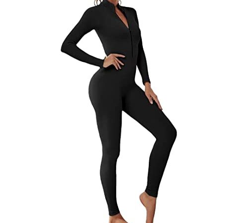 OEAK Femme Combinaison de Sport Jumpsuit Une Pièces à Manches Longues Col V Vêtement de Sport Slim Fermeture éclair Bodysuit Sport Fitness Running Gym Yoga(M,Noir)