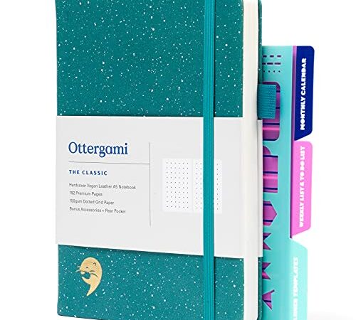 Ottergami Bullet Journal Pointillé A5, 144 Pages, Vert Moucheté - Carnet de Notes A5, 15 x 21 cm, Papier 150g/m² Contre les Bavures, avec Élastique - 3 Pochoirs Bullet Journal, Porte-Stylo