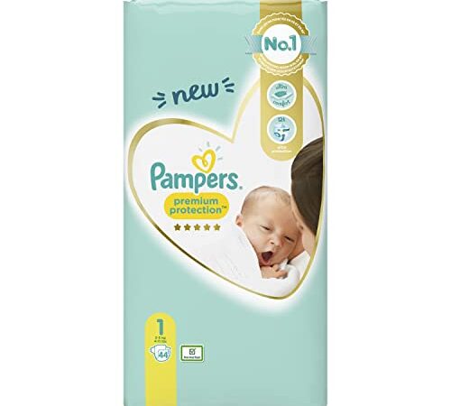 Pampers Couches Taille 1 (2-5 kg), Premium Protection, 44 Couches Bébé, N°1 dans les maternités en FR et en BE