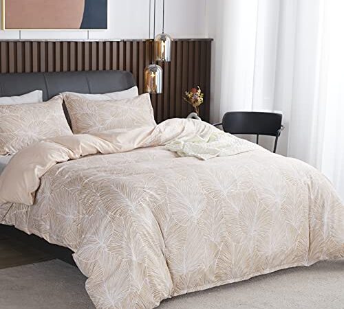 Parure de Lit Beige de Motif Feuilles Tropicales, 1 x Housse de Couette 220x240 cm 2 Personnes et 2 x Taies d'oreiller 65x65 cm, Sets de Linge Très Doux Literie Tropicale avec Fermeture Eclair