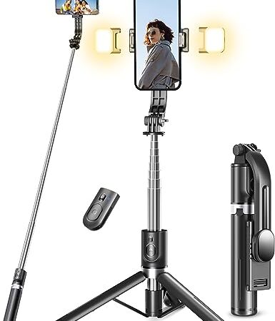 Perche à Selfie Trépied Amélioré [2 Lumière de Remplissage]- 114 CM Trépied pour Téléphone avec Télécommande Détachable, Compatible iPhone Samsung Smartphones et GoPro