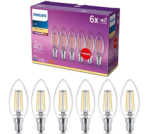 Philips Lighting ampoule LED Flamme E14 40W Transparent, Verre, Lot de 6