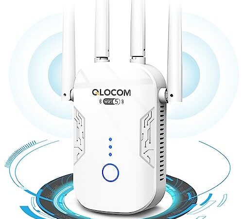 QLOCOM 2023 Nouveau Répéteur WiFi Puissant 1200Mbps, Amplificateur WiFi Puissant sans Fil Double Bande 5GHz & 2.4GHz WiFi Booster avec WPS, Compatible avec Toutes Les Box Internet