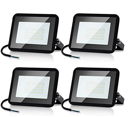 Randaco Lot de 4 spots extérieurs LED 50W Blanc Froid, Projecteur LED extérieur puissant 4250LM 6000K d'éclairage de sécurité, IP66 étanche Éclairage LED pour Cour, allées(sans prise)