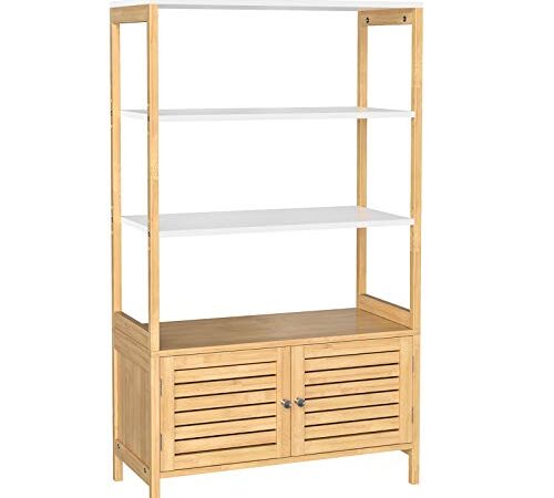 SONGMICS Meuble de Salle de Bain, Armoire de Rangement Haute, avec 3 étagères et 1 Placard à 2 Portes, en Bambou, 70 x 30 x 120 cm, Couleur Boisée et Blanc BCB010N01