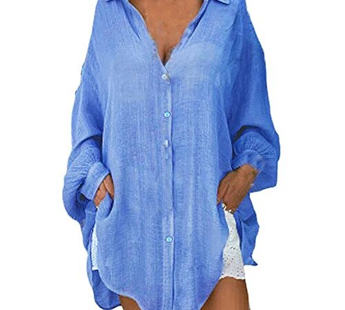 Susenstone Chemisier Femme en Coton Lin Chic Sexy Long Baggy Chemise à Manche Longue Décontracté Blouse Ample Printemps Eté Tunique Femme Longue Col V Boutonnée Oversize Top Haut Lâche Respirant