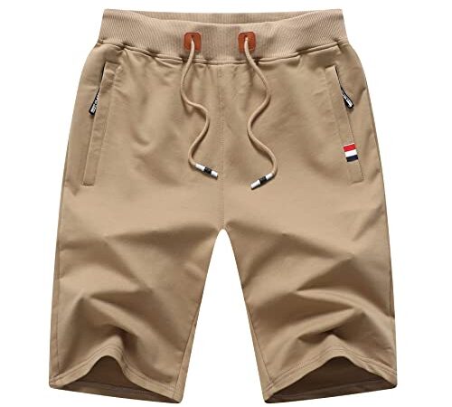 Tansozer Short Homme Sport Coton Short Running Hommes Ete Short Court Homme Jogging Fitness Tennis Shorts de Sport Homme avec Poches Kaki XL