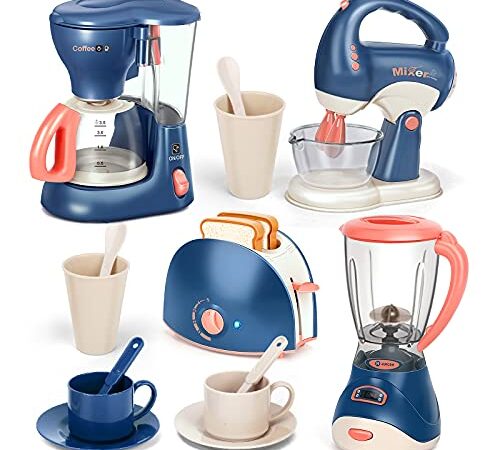 Veluoess Électroménager pour Enfants Kit de Cuisine pour Enfant avec Cafetière, Mixer, Blender, Un Grille-Pain et Autres Accessoires de Cuisine Jouet Set Petit-Déjeuner pour Enfantà Partir de 3 Ans