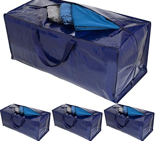 VENO Lot de 4 Sacs de Déménagement Bleu Extra-larges et Résistants avec Sangles de Sac à Dos, Poignées et Fermetures Éclair Solides, Sacs de Rangement Pour Vêtements, Réutilisables (Bleu, Lot de 4)