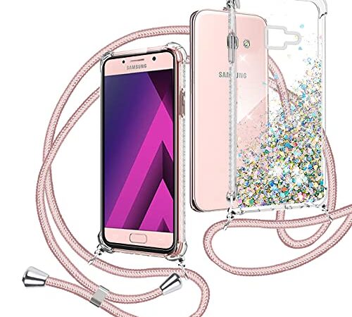 XCYYOO Coque Universel avec Cordon Sangle Dragonne pour Samsung Galaxy A5 2017 A520, Transparent Etui Silicone Sables Mouvants Bling avec Collier Lanyard Case Réglable Téléphone Portable，Bleu Argent