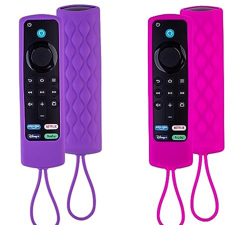 2pcs Firestick Étui de Couverture à Distance Compatible avec Fire TV Stick /4K Max Alexa Voice Remote(3rd Gen,2021),Coque de Protection Antichoc avec Cordon (Violet et Rose)