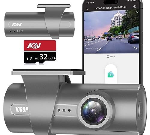 AQV Dashcam Voiture WiFi 1080P FHD Caméra Voiture, avec Contrôle APP, avec Carte SD 32 GB, Enregistrement en Boucle, Capteur G, Grand Angle 170°, WDR, Vision Nocturne, Max 64GB