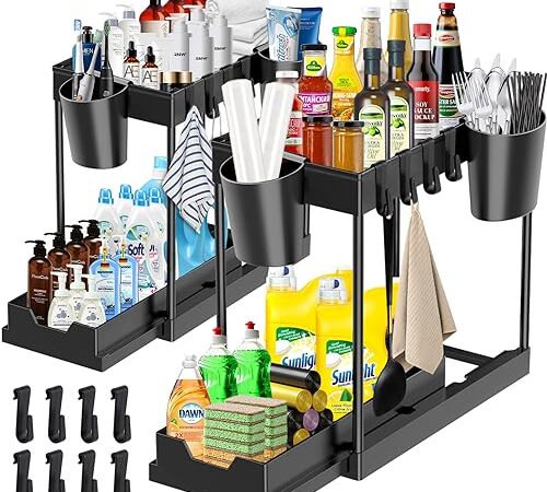 BARAKYEG Rangement sous Evier Cuisine à 2 Niveaux Lot de 2,Étagère avec 8 Patères et 4 Vasques Suspendues, Organisateur tiroir