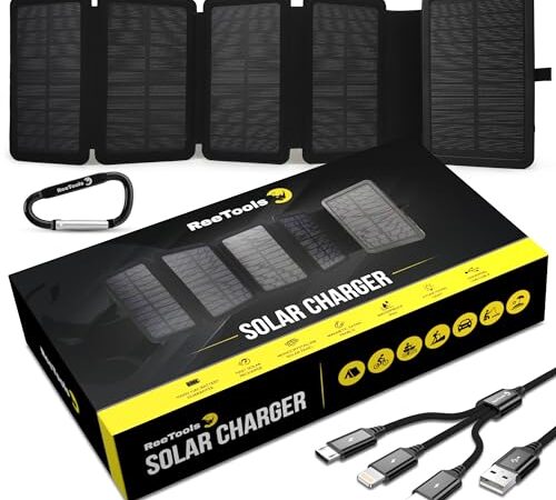 Batterie Externe Solaire avec 5 Panneaux Pliables, Câble Universel 3en1 & Lampe LED. Kit pour Randonnée Camping Survie. Power Bank, Alimentation Nomade pour Smartphone et Autres, idéal Survivalisme