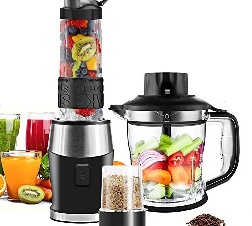 Blender Mixeur 3-en-1, 700W Blender Smoothie 24000 tours/min, avec pot de 1,2 L/bouteille de sport de 570 ml/tasse de broyage de 300 ml, sans BPA