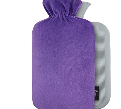 Bouillotte avec Housse Polaire - Housse Premium Douce et Molletonnée - Grande Capacité 1,8 L - Bouillotte Eau Chaude pour Soulagement de la Douleur, Dos, Cou et Épaules - Violet