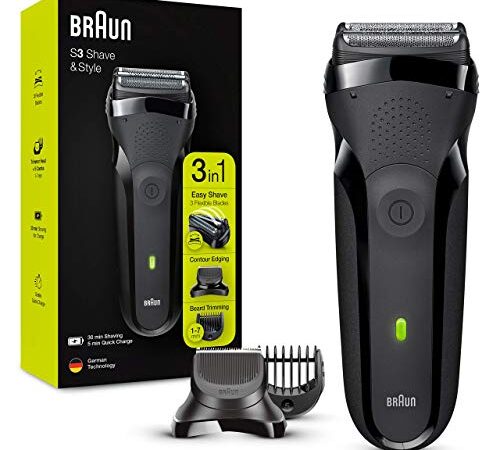 Braun Series 3 Shave & Style Rasoir Électrique Homme 3-En-1 Noir, Équipé De La Technologie Wet & Dry Avec Tondeuse À Barbe Haute Précision Et 5 Sabots, Sans Fil, 300BT