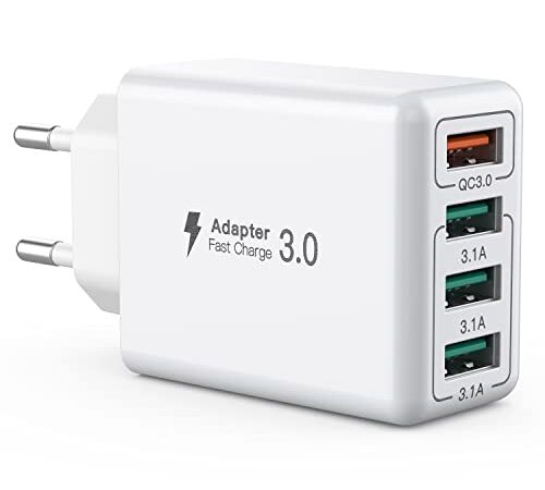 Chargeur USB, adaptateur de charge USB à 4 ports avec chargeur rapide Smart QC 3.0 de 33W, chargeur multi-ports compatible avec iPhone 14/13/12/Samsung Galaxy S23/22/S21/Xiaomi/OPPO/Huawei/OnePlus etc