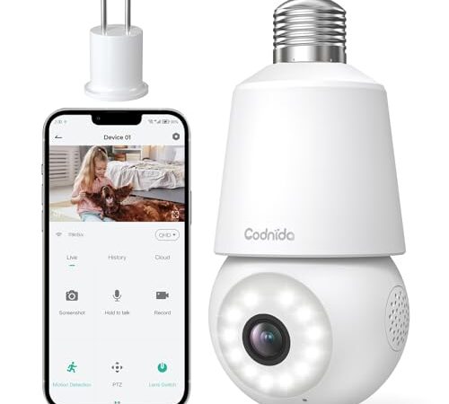 Codnida Camera Surveillance WiFi Exterieure sans Fil,2K Ampoule Camera Surveillance WiFi,Caméras de Surveillance avec Douille de Lampe E27,Sirène et Alarme Lumineuse,Vision Nocturne Couleur,LC323