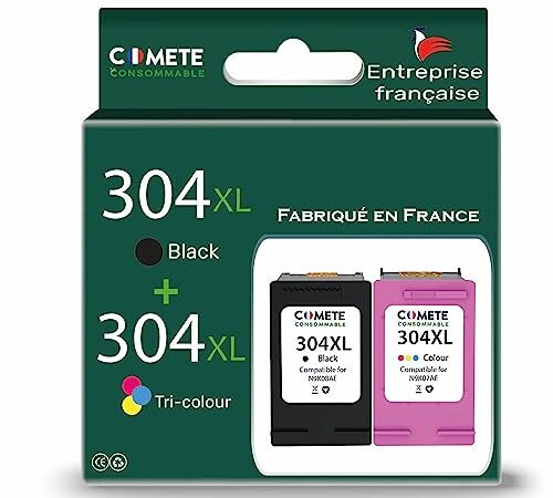 COMETE CONSOMMABLE - Lot De 2 Cartouches d'encre Compatibles avec HP 304 ou 304XL- 1 Cartouche 304 XL Noir + 1 Cartouche HP 304 XL Couleur - Fabrication Française (1 Noire + 1 Couleurs)