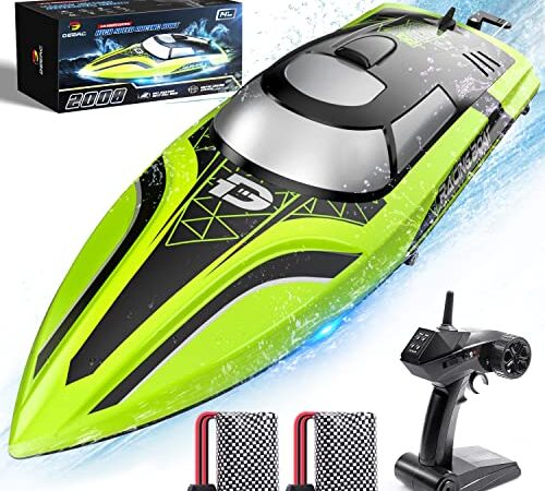 DEERC Bateau télécommandé RC pour piscines et lacs, bateau de course auto-ramissant avec batterie rechargeable pour enfants et adultes, 2,4 GHz en plein air radio-piloté avec alarme de batterie faible