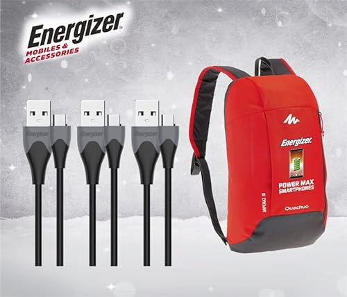 Energizer - Lot de 3 Câbles Micro-USB 1,2 m - Charge & synchonisation (2,4 A/480 Mbps) pour téléphones mobiles + Sac à dos 10L