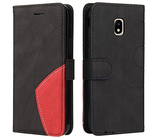 Fatcatparadise Coque pour Samsung Galaxy J3 2017 / J330, Etui en Cuir PU Portefeuille Housse Fermeture Magnétique und Flip Protection Case avec Antichoc TPU, Etui à Rabat, Fentes pour Cartes (Le Noir)