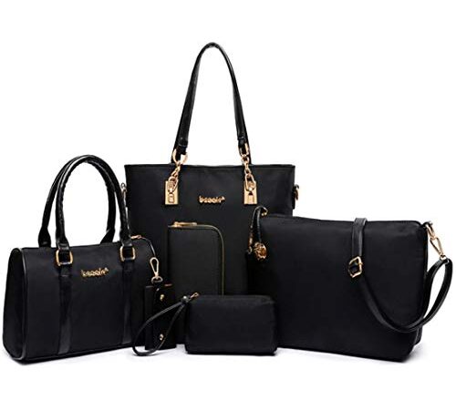 FiveloveTwo Femmes Mode 6Pcs Bag Set PU cuir Sac à Bandoulière portés main + Fourre-Tout + Portefeuille + Titulaire de la Carte Pochettes Clutches épaule ensemble de Shoulder Bag Noir