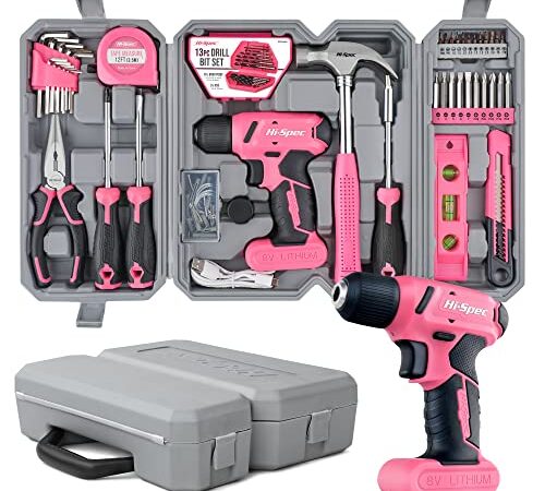 Hi-Spec Perceuse Visseuse sans Fil 8V Rose - Kit Complet avec Mallette d'Outils - Perceuse, Embouts, Forets, Marteau, Tournevis et Plus pour Travaux, Entretien et Réparations à Domicile