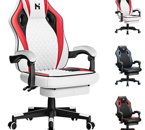 HLFURNIEU Chaise Gaming, Ergonomique Fauteuil Gamer, Siège de Bureau Professionnel, Siege Gaming Hauteur Réglable, Siège Gamer Blanc et Rouge avec Repose-Pieds Télescopique