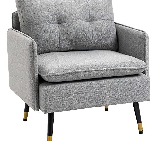 HOMCOM Fauteuil scandinave Dossier capitonné avec Passepoil en Tissu 76 x 68 x 80 cm - Gris Clair et Pieds en métal Noir et doré