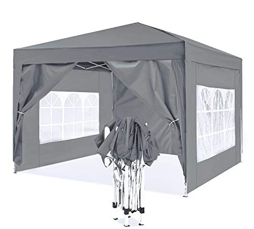 ISE 3x3m Tonnelle de Jardin Tente Réception Pavillon Aluminium Pliable,Robuste, avec 4 Parois Latérales pour Jardin,Fête,Camping,Festival,Bière - UV50+ (Gris)