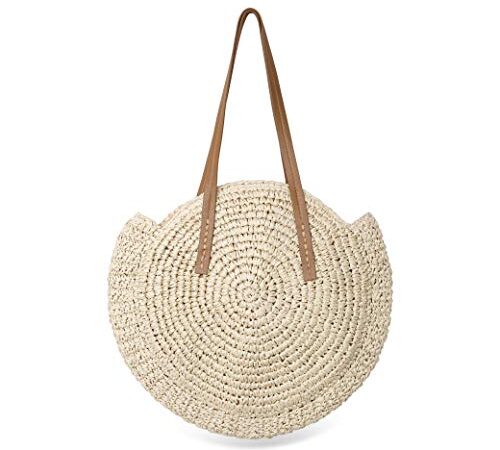 ISIYINER Sac De Paille Rond Sac de Plage d'été Pour Femme en Rotin Bandoulière à Porter à l'épaule Avec Style Boho Fait Main Pour le Voyage, La Date et Les Vacances