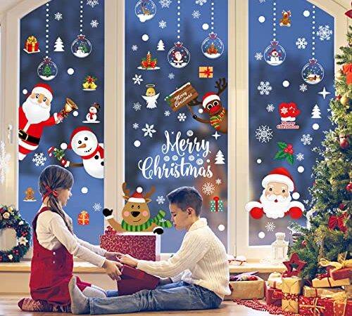 JEYNR 218 Pièce NoëL Autocollants Fenetre, Décoration de Noël Fenetre Stickers DIY Amovibles PVC Réutilisables Autocollant Fenetre pour Deco NoëL Intérieur