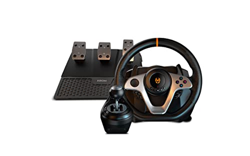 KROM K-Wheel Pro - NXKROMKWHLPRO - Ensemble Volant, pédales et Levier de Vitesse, palettes , 3 Modes de sensibilité, PC, PS3, PS4, Xbox One & Switch, X-Input et D-Input, Noir