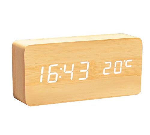 Lancoon Horloge Numérique en Bois - Réveil à LED Multifonctions avec Affichage De L'heure/De La Date/De La Température Et Commande Vocale pour Le Voyage à Domicile - AC11Yellow_White