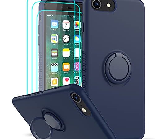 LeYi Coque pour iPhone 8/7/6, Coque iPhone Se 2020/2022 avec 3 Verre Trempé, Anneau Support Silicone Liquide Protection Complète Fine Rigide Anti-Rayure Housse Étui Bleu Marin