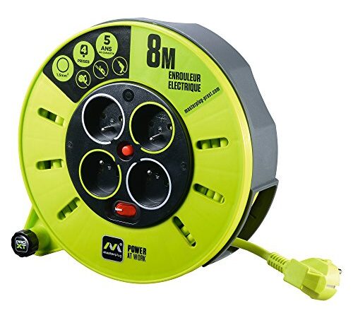 Masterplug Rallonge Prolongateur électrique 8m, Enrouleur Profesionnelle 4 Prises 16 A, Câble Vert 3G1,5 mm²