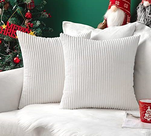 MIULEE Lot de 2 Housse de Coussin Noël Decorative en Velours Côtelé Canapé Taie d'oreiller Douce pour Maison Salon Chambre Lit Clic Clac 40x40 cm Blanc