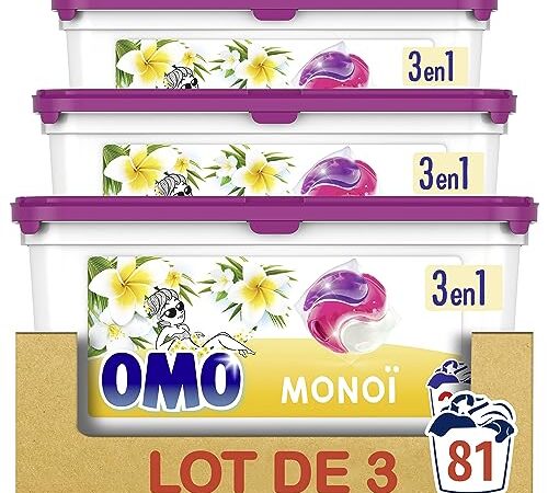 Omo Lessive Liquide en Capsules 3 en 1 Monoï - Lot de 3x27 Pastilles (81 Lavages)