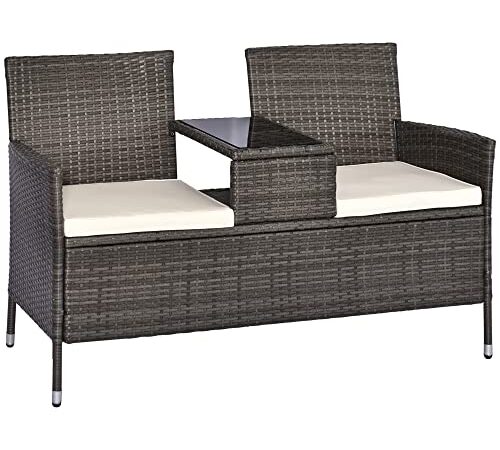 Outsunny Banc de Jardin Design Contemporain 133L x 63l x 84H cm Banc Double Chaise avec Coussins Assise + Tablette intégrée résine tressée Grise Polyester crème