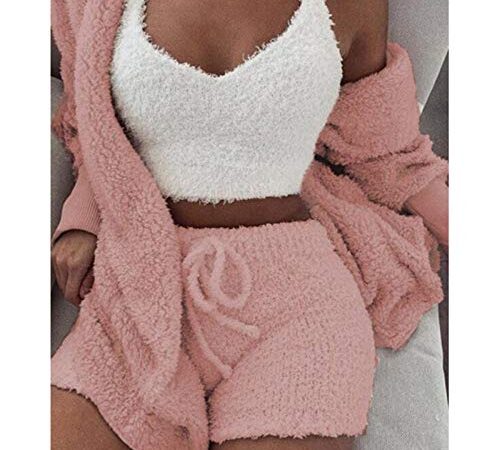 Pyjama Femme Hiver，Polaire Pyjama 3 Pcs Filles Corail Velours Pyjamas Ensemble Printemps Automne Hiver Pyjamas Ensemble Chemise De Nuit Hauts Shorts Manteau Costume Homewear, Rose, Moyen