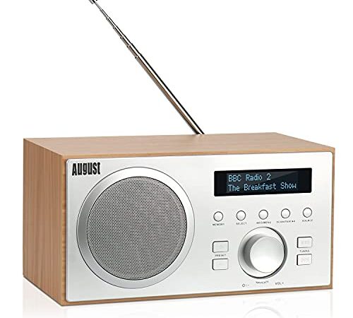 Radio Dab+ FM Bluetooth Bois Secteur - August MB420 Radio numérique Terrestre Dab Plus MP3 Lecteur clé USB, Digital et Analogique - HiFi Filaire Réveil Prise écouteur 3.5mm Ecran Design Scandinave