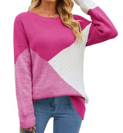 Rayson Pull Femmes Automne Hiver Manches Longues Pullover Mode Pullover Col Rond Hauts Casual Sweat-Shirt Couleur Patchwork Pull Tricoté(Rose,L)