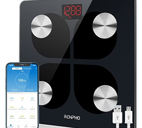 RENPHO Balance Pèse Personne Électronique, Pèse Personne Impédancemètre Rechargeable USB, Bluetooth Balance avec Smartphone App, 13 Données (IMC/Taux de Graisse/Poids Osseux), 400 lb