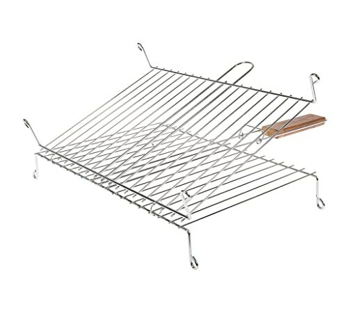 RUECAB 1086 Grille de Barbecue Double sur Pieds Inox Poignée Bois Argent 30 x 40 cm