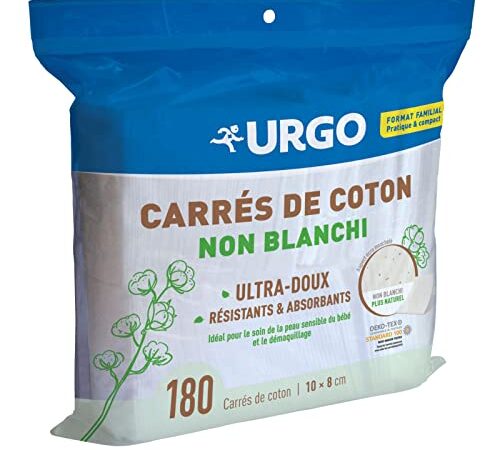 Urgo - Carrés de coton - Ultra-doux Absorbants - Coton de qualité certifiée OEKO-TEX® Non Blanchi - 180 unités