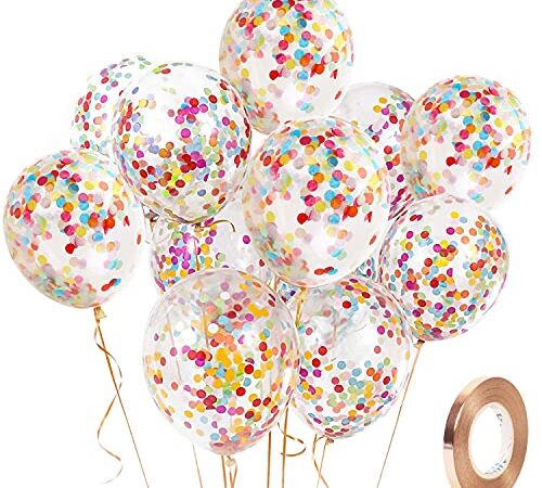 Yiran Lot de 12 ballons confettis colorés en latex de 30,5 cm avec 1 ballon de rechange et 1 ruban, décorations pour fêtes d'anniversaire, mariages, anniversaires de mariage et célébrations