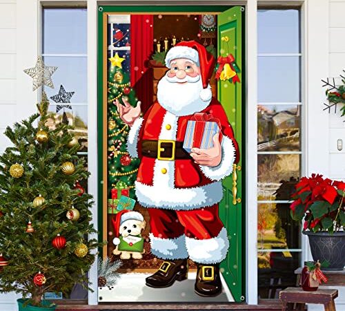 Couverture de Porte de Père Noël Bannière de Porte de Noël Suspendue Bannière Toile de Fond de Père Noël pour Décoration de Vacances Hiver Porte d'Entrée Maison (Rouge)